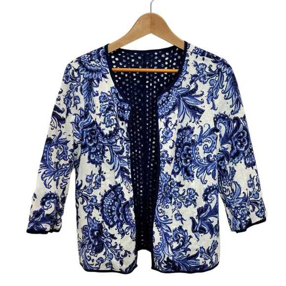 Coldwater Creek Reversible Eyelet Floral Open Front Jacket Navy/White 14 NWOT - Picture 1 of 10